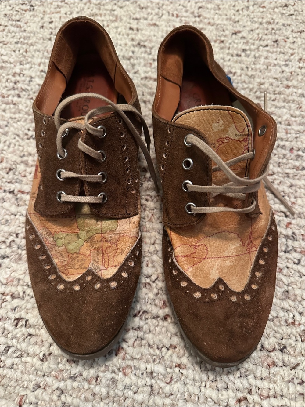 Brown Suede Wingtip Derby Oxfords with Map-Print Panels Size 38